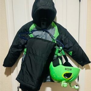 Boys London Fog snow set- Black and Green Kids Winter Set with bug Helmet.